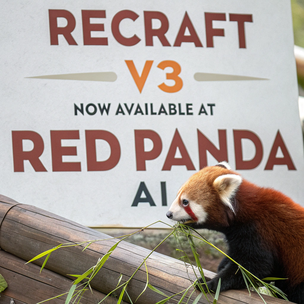 AI generated image by Red Panda AI: a red panda eating a bamboo in front of a poster that says "recraft V3 now available at red panda ai