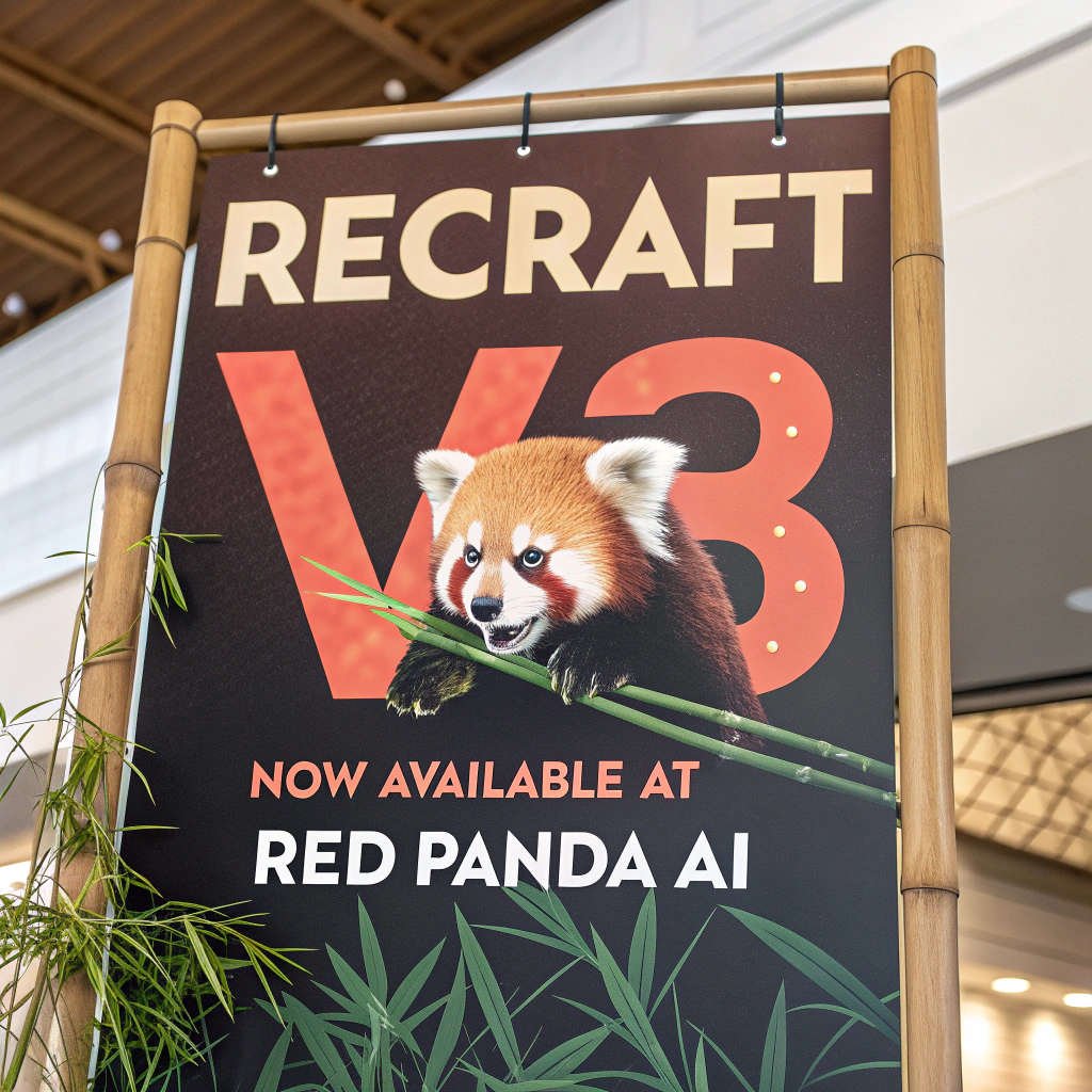 AI generated image by Red Panda AI: a red panda eating a bamboo in front of a poster that says "recraft V3 now available at red panda ai