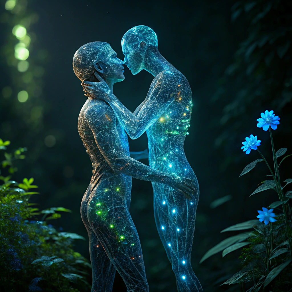 AI generated image by Red Panda AI: seamless translucent fusion of four merged together see-through slender genderless humanoids embracing each other, their heads, torsos and thighs joined into one, with blue glowing fluorescent botanical elements randomly growing inside their bodies, dark green background with some bioluminescent flowers and leaves