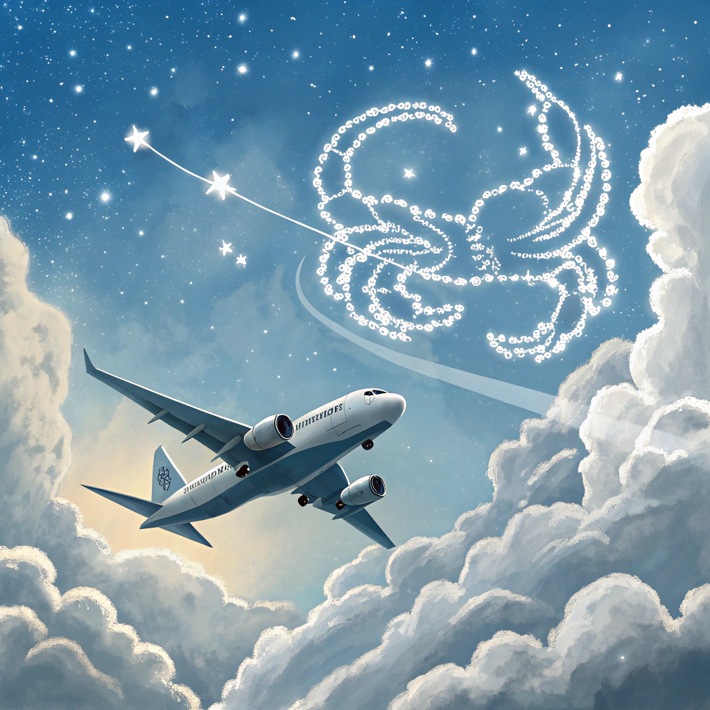 AI generated image by Red Panda AI: 飛機飛過，雲朵是巨蟹座的圖案
