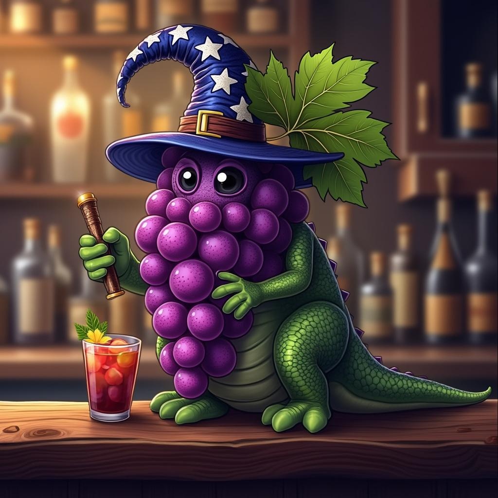 AI generated image by FLUX.1-pro: quiero una uva con llantas de pies, manos de dinosaurio, sombreo de mago y que este en un bar