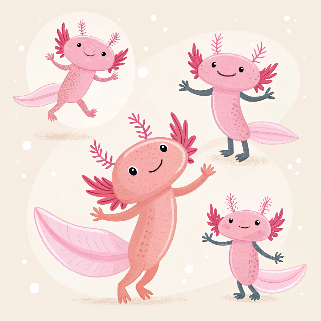 AI generated image by Red Panda AI: Genera un Ajolote rosado, el cual tenga cuatro opciones en donde la primera opción deberá ser un Ajolote bailando segunda opción un Ajolote dando un abrazo tercera opción un Ajolote con un saludo loco, cuarto opción, un Ajolote chocando las palmas de la mano con otro