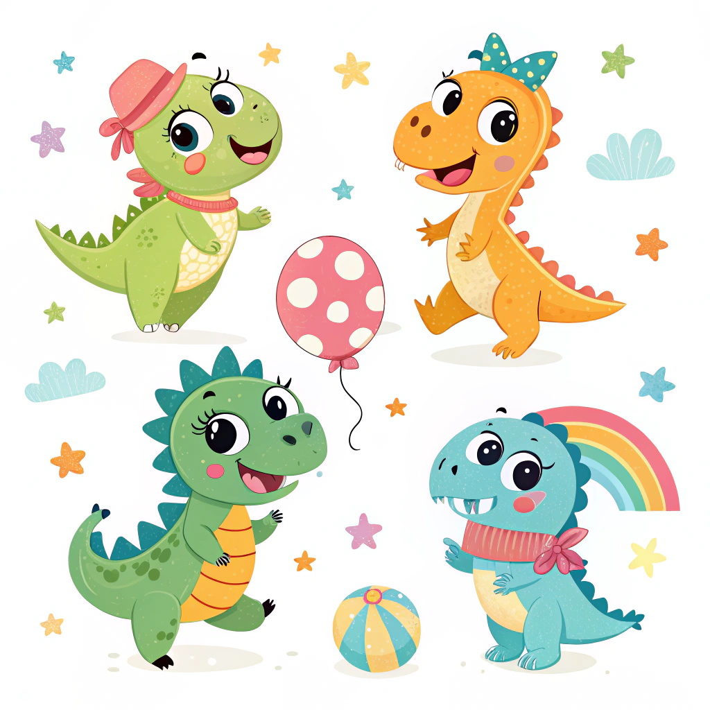 AI generated image by Red Panda AI: "Create a set of colorful and fun dinosaur stickers for children. The dinosaurs should be cartoonish, friendly, and full of personality. Use bright, vibrant colors like green, orange, blue, and pink. Each dinosaur should have a big smile, large eyes, and playful poses, such as jumping, dancing, or playing with a ball. Include friendly accessories like hats, bows, or scarves. Add simple, cheerful elements like clouds, stars, and rainbows in the background to make the stickers more playful and engaging for kids."