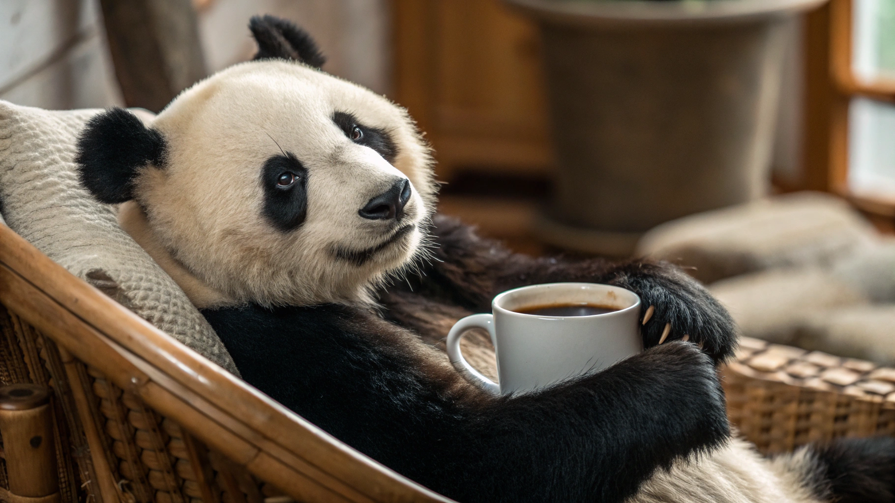 AI generated image by Red Panda AI: Un panda chino, sosteniendo una tasa de café y viendo a la camara, como si estuviese a punto de decir un buen cafe