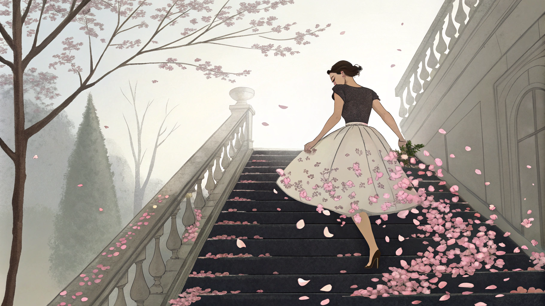 AI generated image by FLUX.1-schnell: woman with skirt of flower petals ascending staircase, by Catrin Welz-Stein