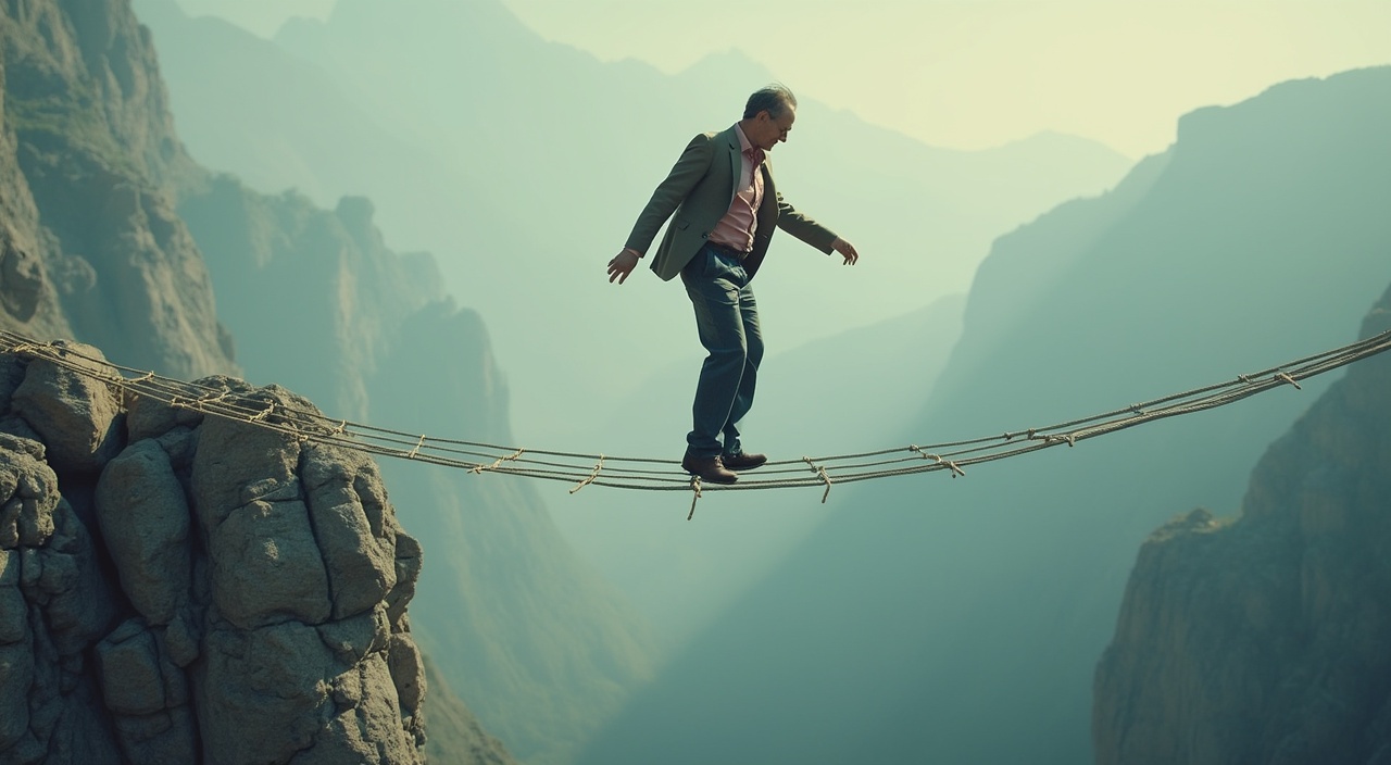 AI generated image by FLUX.1-pro: "The Tightrope Walker's Pause: A Moment of Balance Between Valleys"
This captures the market's current state of suspended tension after reaching a critical support level. Like a tightrope walker who has just regained balance after a wobble, the market is in a precarious equilibrium – not yet safe, but no longer in free fall. The image conveys both the risk still present and the potential for either recovery or continued descent, all while avoiding direct stock market references.