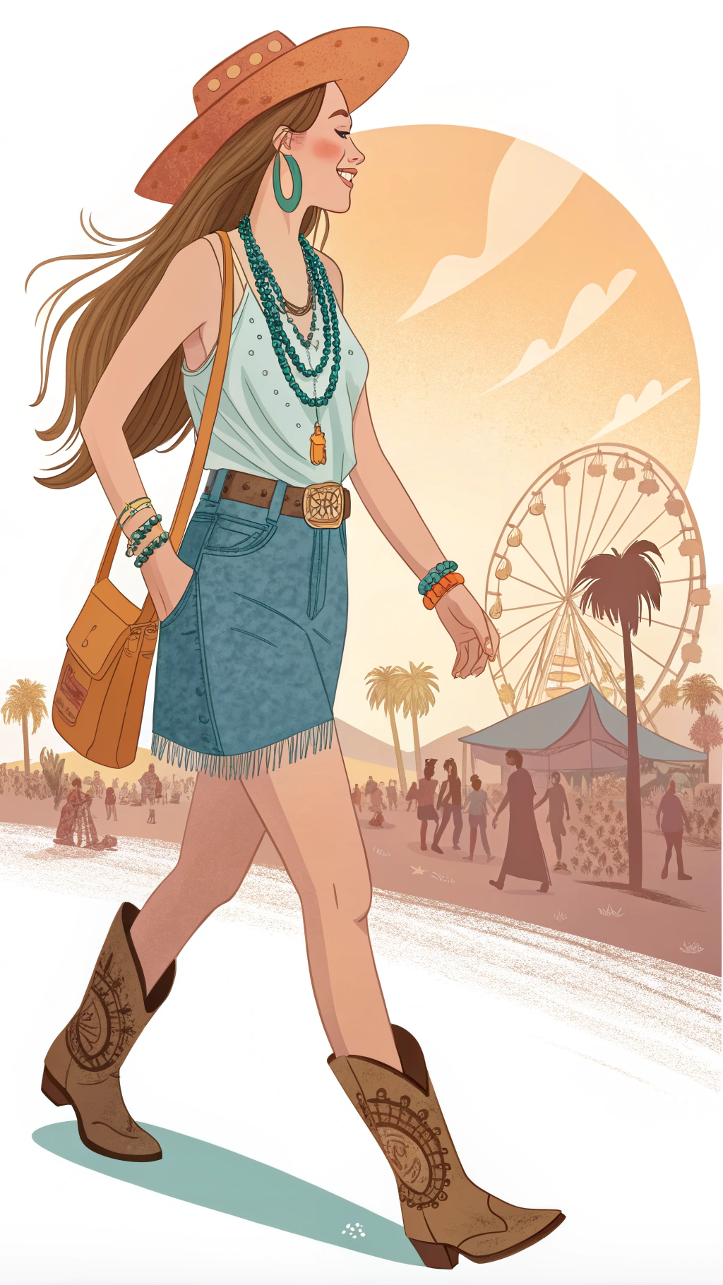 AI generated image by Red Panda AI: white background, flat vector illustration suitable for a poster or shirt. a twenty something long hair pretty girl walking at a festival in the desert at sunset wearing cowboy boots, denim skirt, turquoise jewelry and a cowboy hat.  She is happy and carefree. 