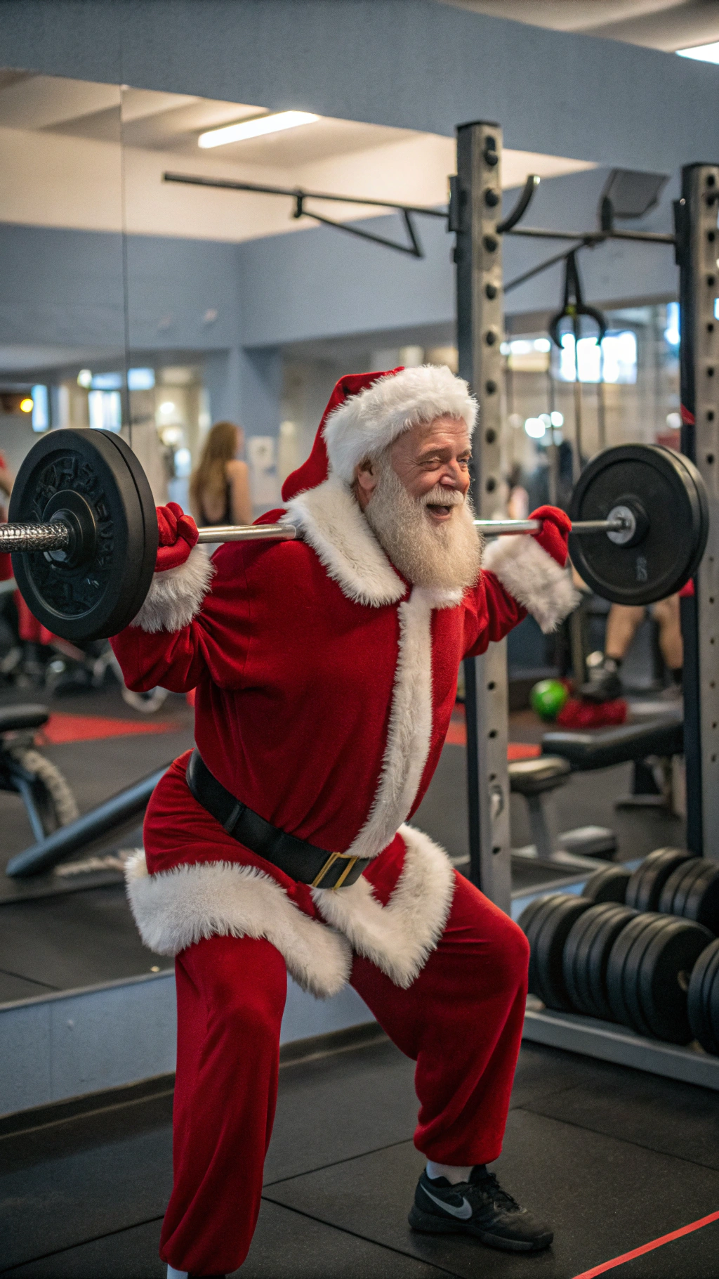 AI generated image by Red Panda AI: un papá noel levantando pesas en el gimnasio
