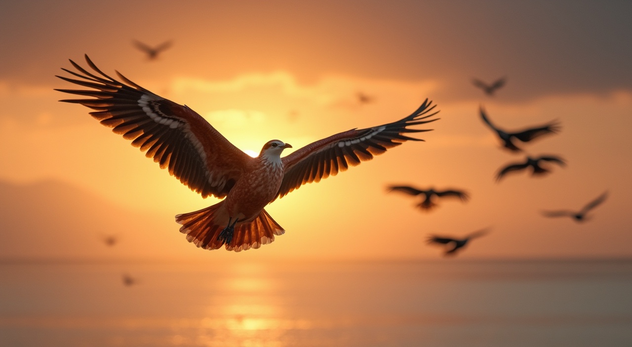 AI generated image by FLUX.1-pro: una bandada de pájaros volando en un atardecer
