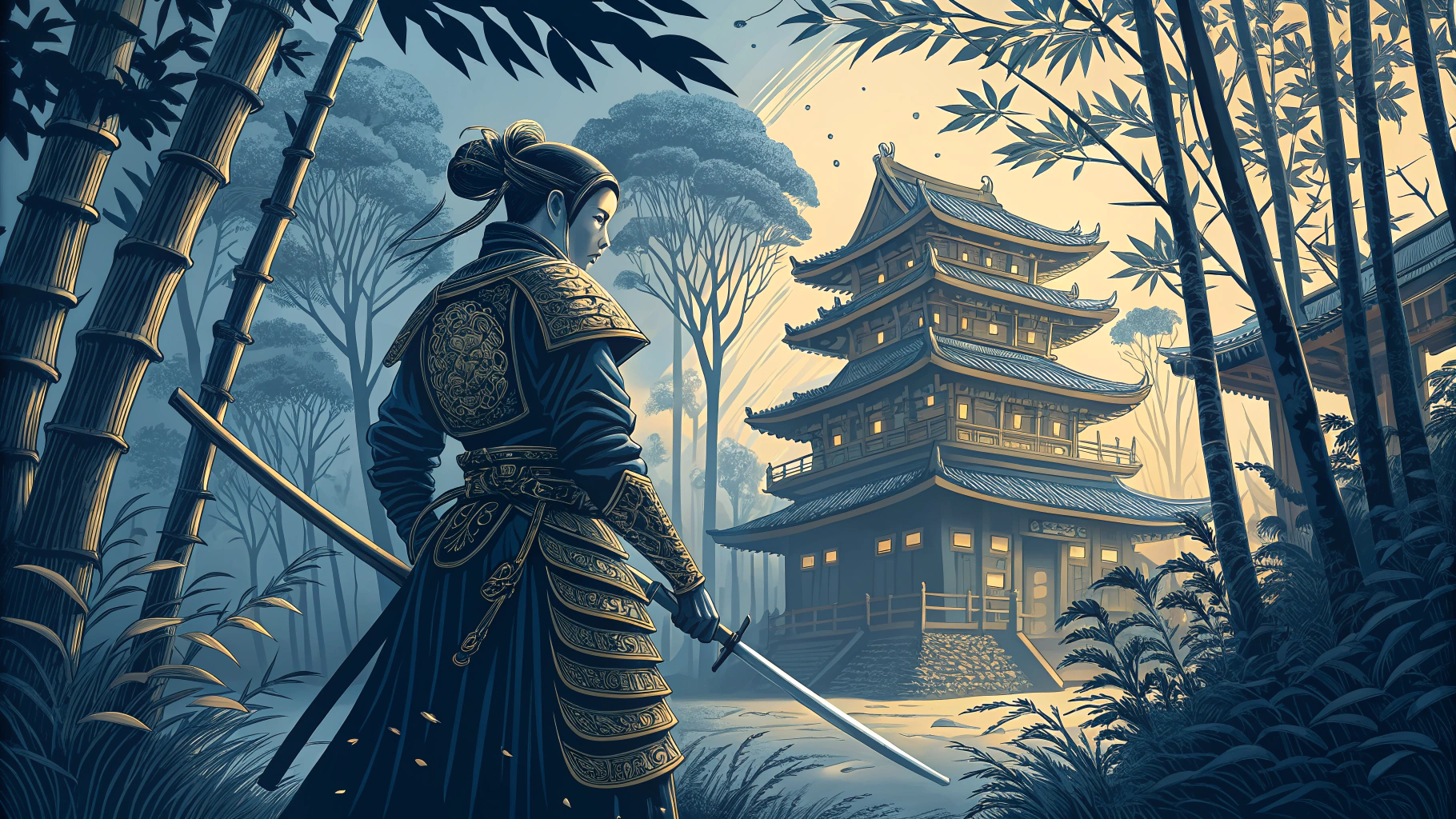 AI generated image by Red Panda AI: Ancient japanesse woman samurai in front of an ancient japanesse tample in a bambus woods, all the colors are navy blue and gold