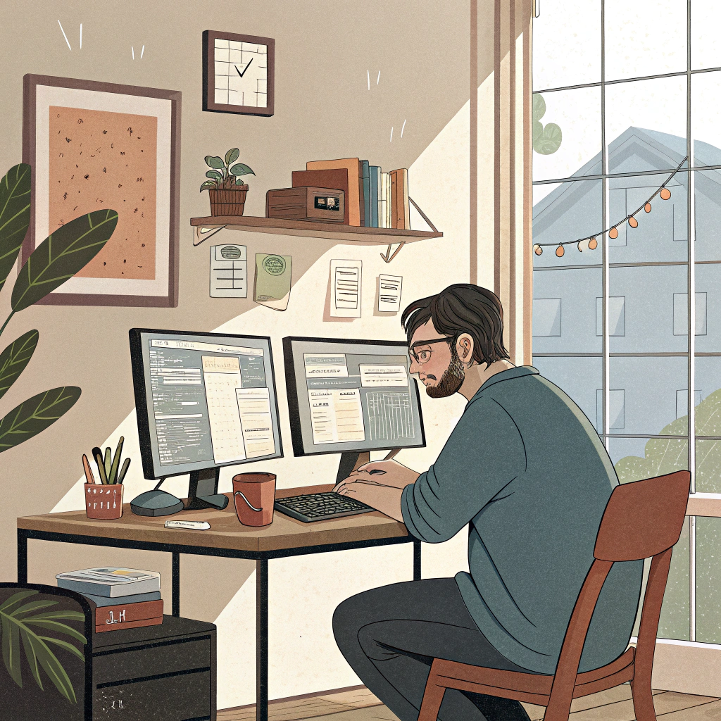 AI generated image by Red Panda AI: 하루종일 컴퓨터 앞에서 일을 하고 있는 37세 남성의 하루