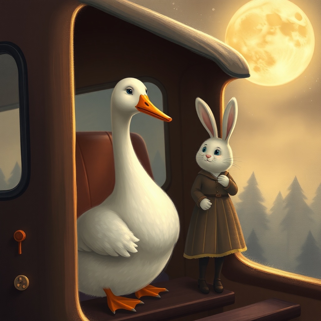 AI generated image by FLUX.1-schnell: Goose in goose and rabbit-girl in the train, moon, cartoons, romantic atmosphere