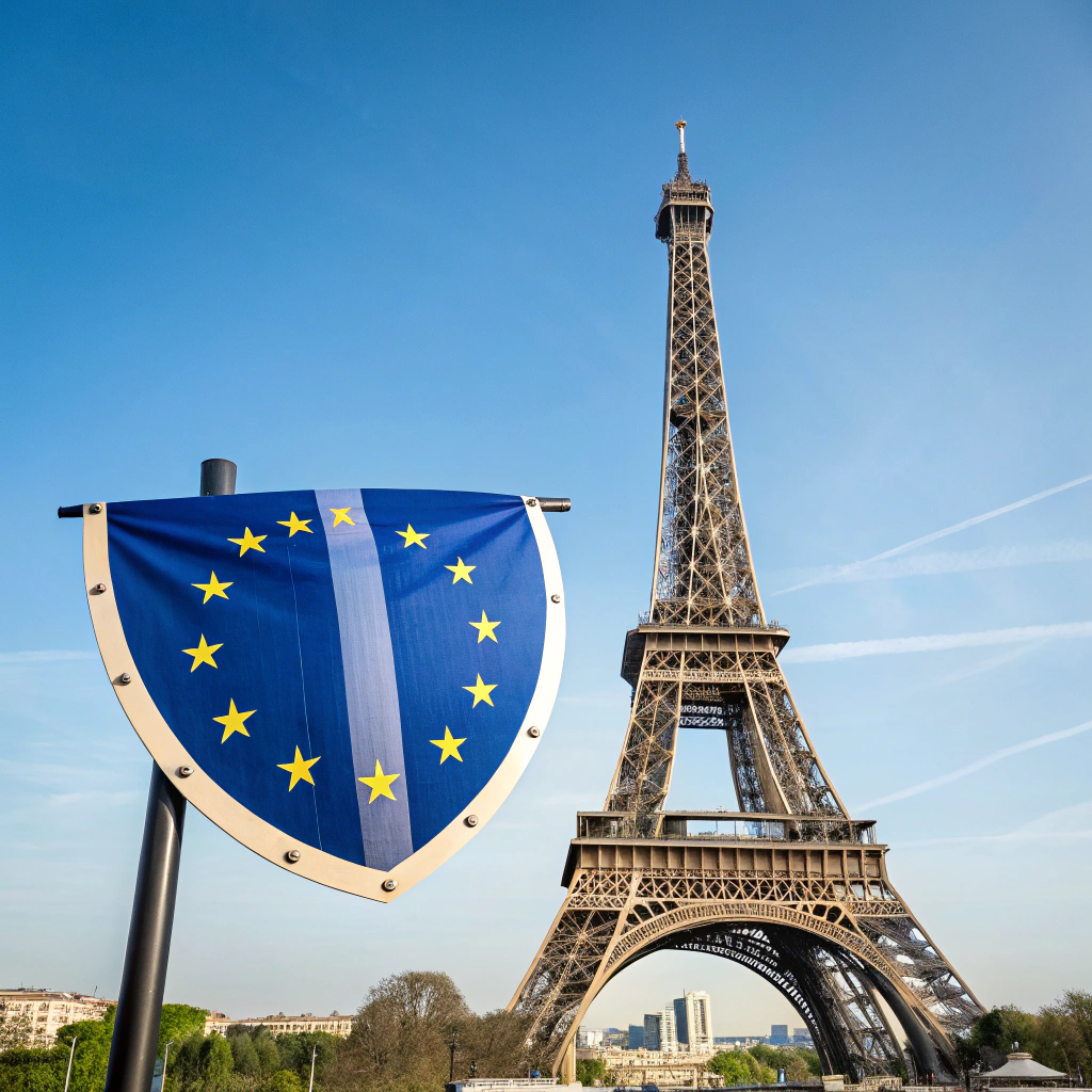 AI generated image by Red Panda AI: Une image qui montre le concept que la france refuse la législation européenne avec un bouclier.  Ne pas mettre de texte. 
