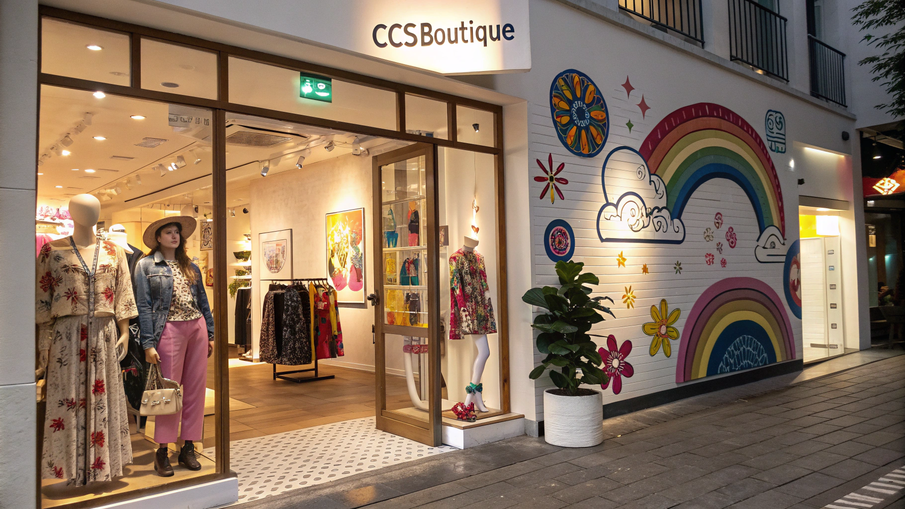AI generated image by Red Panda AI: peux-tu me générer une photo d'une boutique de mode pas trop classique qui s'appelle CCSBoutique
