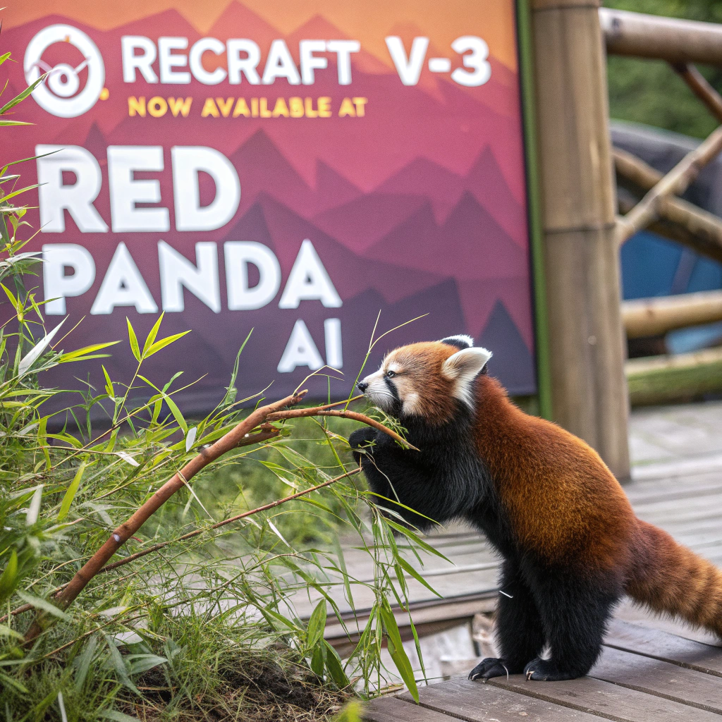 AI generated image by Red Panda AI: a red panda eating a bamboo in front of a poster that says "recraft V3 now available at red panda ai