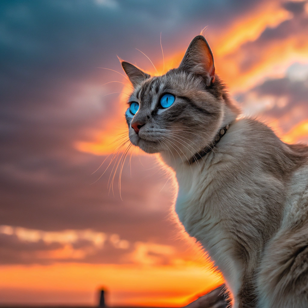 AI generated image by Red Panda AI: gato con ojos azules y el sol ardiendo de fondo
