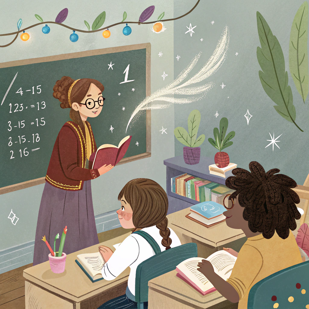 AI generated image by Red Panda AI: Eres un docente que imparte a su alumnado de 5º de Educación Primaria la asignatura de lengua castellana y literatura. 
Crea una imagen con estilo fantástico donde se observe a los alumnos y alumnas en esa clase con el docente impartiendo lengua. Incluye también un elemento de matemáticas del nivel de Educación Secundaria Obligatoria.