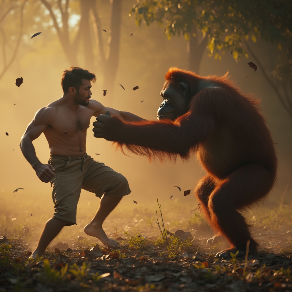 AI generated image by FLUX.1-pro: Hazme una imagen de la pelea entre un hombre al que le falta un dedo pulgar en cada mano vs un orangutan, es para una pelicula