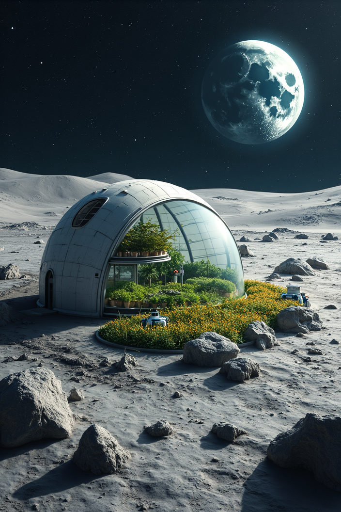 AI generated image by FLUX.1-pro: Surface Facilities
Lunar Bases and Habitats:

3D-Printed Structures: Using lunar regolith, 3D printers will construct habitats that shield against solar radiation, micrometeorites, and extreme temperatures. Regolith, abundant on the Moon’s surface, will act as a natural insulator.
Radiation Protection Domes: Transparent domes made of strong, radiation-resistant materials (like lunar glass or inflatable modules with water shielding) will allow natural sunlight in for agriculture and research, while providing protection.
Solar Power Arrays: Large solar farms on the lunar surface, particularly at the poles (where sunlight is available for most of the year), will provide continuous energy. These solar panels will also help in splitting water ice found at the lunar poles into hydrogen and oxygen for fuel and breathing.
Greenhouses and Agriculture:

Hydroponic and Aeroponic Farms: To sustain a permanent population, lunar habitats will incorporate closed-loop hydroponic systems for growing food in nutrient-rich water, or aeroponics (growing plants in a mist). LED grow lights powered by solar energy will simulate Earth-like conditions for plant growth.
Genetically Modified Crops: Crops adapted to low-gravity and harsh radiation conditions will be developed. These crops will require less water and nutrients, which is crucial given the scarcity of resources on the Moon.
Transportation Systems:

Electric Rovers: Autonomous or human-operated electric vehicles, powered by solar energy or battery packs, will traverse the lunar surface. These rovers will transport humans, equipment, and scientific instruments between habitats, mining sites, and research stations.
Hyperloop Systems: On a larger scale, underground or surface-based vacuum tubes could be used for transporting cargo and personnel at high speeds across the lunar landscape, particularly between polar regions and equatorial bases.
Communication and Navigation:

Lunar GPS: A satellite network around the Moon will provide constant communication with Earth and allow precise location tracking. This is essential for safe navigation and coordination of activities on the surface.
Lunar Internet: Dedicated communication hubs will establish high-speed data links between Earth and the Moon. These will be crucial for research data transfer, remote operation of lunar robots, and coordination with Earth-based mission control.
Underground Facilities
Lava Tube Bases:

Natural Shelter: Lunar lava tubes, created by ancient volcanic activity, offer natural protection against cosmic radiation and temperature fluctuations. These tubes can be several kilometers long and provide spacious, stable environments for constructing underground habitats.
Pressurized Living Quarters: Inside these tubes, air-tight, pressurized habitats will be built, offering controlled environments with Earth-like atmospheric conditions for human habitation. These quarters will include dormitories, recreational spaces, and communal living areas.
Scientific Research Stations:

Astrophysics and Astronomy: Underground bases will house observatories free from Earth's atmospheric interference, making them ideal for deep-space exploration. Telescopes and instruments will be shielded from lunar dust and positioned underground, with openings to the surface.
Lunar Geology Labs: Research stations dedicated to studying the Moon’s crust, core, and resources (such as rare earth elements or Helium-3 for potential fusion energy) will be a key part of underground facilities. Scientists will study how to best exploit these resources for energy and technology.
Water Processing Plants:

Ice Mining: Near the lunar poles, facilities will mine water ice from permanently shadowed craters. This ice will be processed into drinkable water, breathable oxygen, and hydrogen fuel. Underground storage tanks will keep reserves of water and other essentials.
Water Recycling Systems: To conserve resources, underground bases will have advanced water recycling systems, ensuring that every drop of water is reused multiple times. These systems will purify water from human waste, condensation, and agriculture.
Human Living Scenarios
Artificial Gravity and Health:

Centrifugal Pods: Since lunar gravity is only 1/6th of Earth’s, long-term habitation will require artificial gravity solutions to maintain human health. Rotating habitats or specialized workout areas with centrifugal force will simulate higher gravity to help prevent muscle atrophy and bone loss.
Medical Facilities: Comprehensive health monitoring will be integrated into daily life, with telemedicine and robotic surgeries available for emergencies. Medical stations will be equipped with 3D printers to create medical supplies on-demand.
Recreational and Cultural Activities:

Lunar Sports: With low gravity, new sports will evolve, such as low-gravity basketball or long-distance jumping competitions. Recreational domes with Earth-like environments will allow residents to unwind.
Cultural Centers: Art and culture will flourish in the unique setting of the Moon. Museums and performance spaces may display Earth and lunar art, while holographic and VR experiences will allow residents to connect with loved ones on Earth or participate in Earth-based events virtually.
Robotic Assistance:

AI and Robotic Helpers: Robots will handle most of the maintenance, construction, and heavy lifting on the Moon. These autonomous systems will repair structures, tend to crops, and even assist in scientific experiments. Human supervisors will control these systems remotely or through advanced AI interfaces.