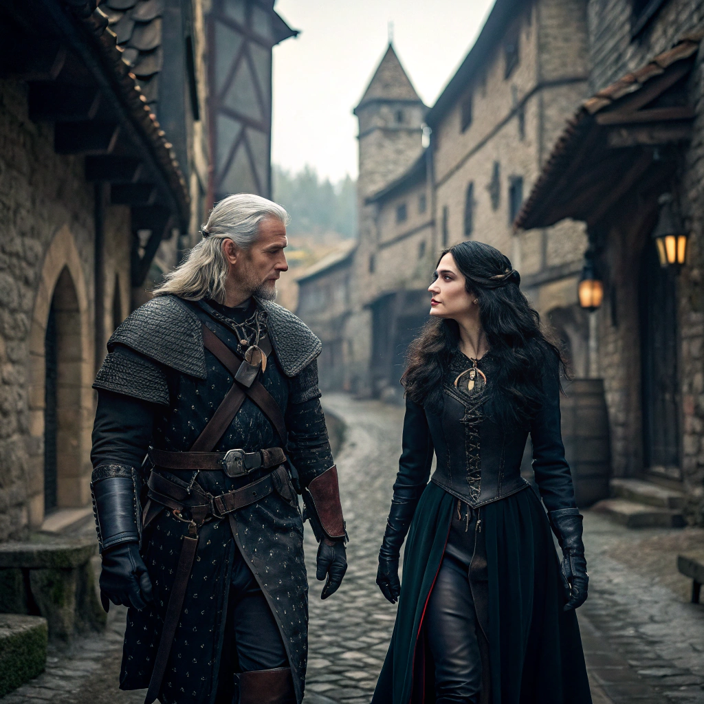 AI generated image by Red Panda AI: hyper-realistic photo of Geralt of Rivia meeting with Yennefer of Vengerberg, romantic, walking through a medieval town, intensely detailed, cinematic