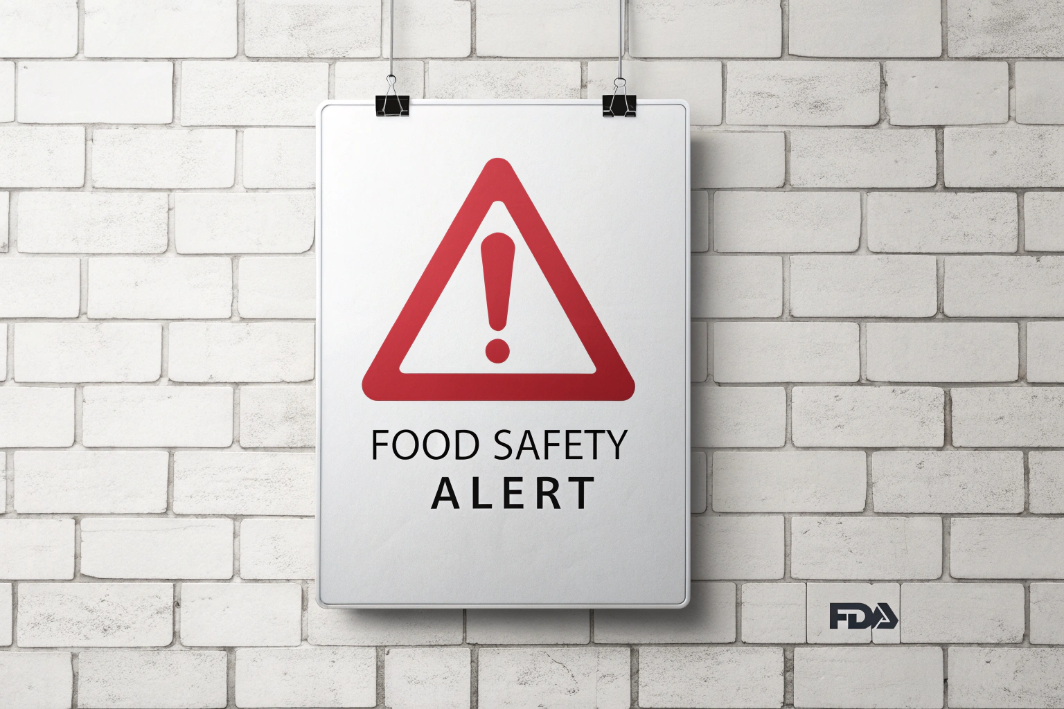 AI generated image by Red Panda AI: graphic design, food recall notice, minimalist white background, large red warning triangle with white exclamation mark centered, clean sans-serif black text "FOOD SAFETY ALERT" below triangle, FDA logo silhouette bottom right corner, professional corporate style, vector art appearance, high contrast, sharp edges, 4k detail