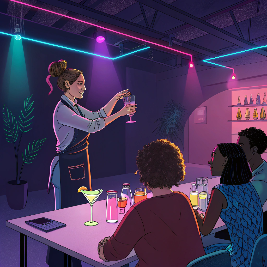 AI generated image by Red Panda AI: Cocktail workshop woman in a group around a table shaking cocktails, dimly lit room with neon lighting