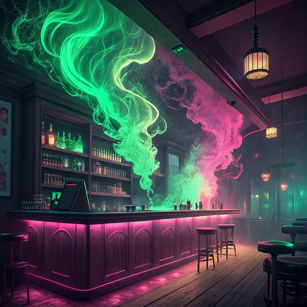 AI generated image by Red Panda AI: Neon background with green and pink smoke-like colors in a bar
