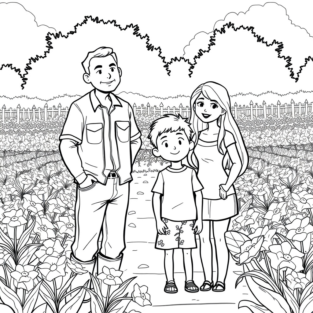 AI generated image by FLUX.1-schnell: cartoon in black and white. 40 year old man, 40 year old woman, teenage boy, and a 8 year old girl, standing in the middle of a flower farm. 