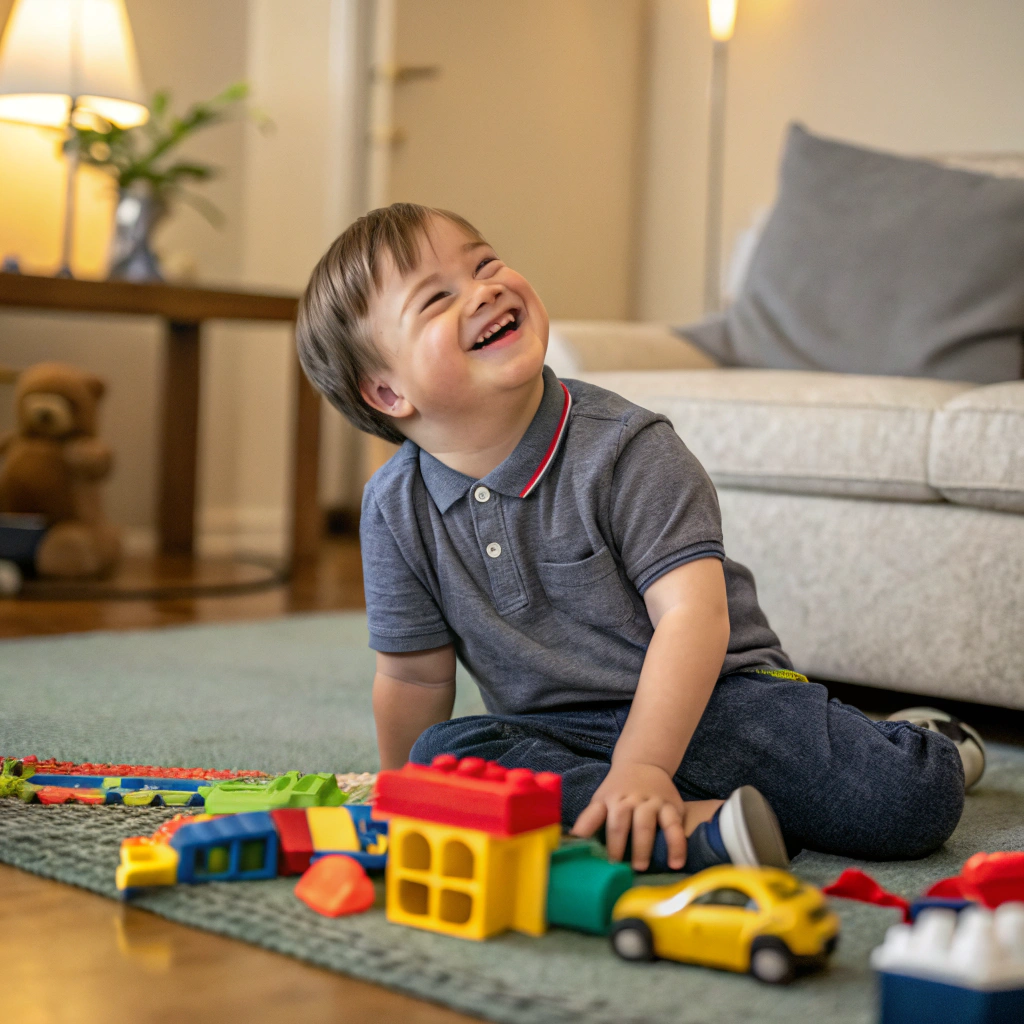 AI generated image by Red Panda AI: Boy with down syndrome sitting on floor