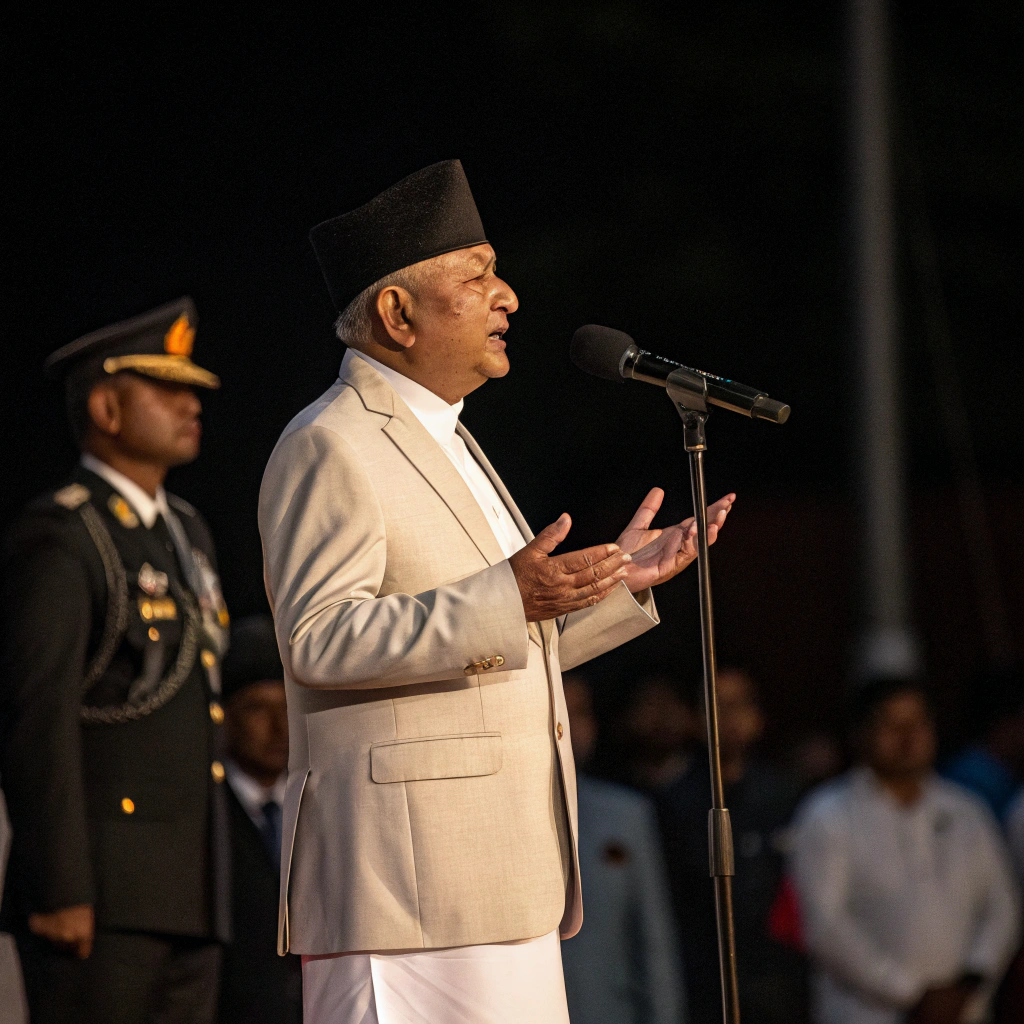 AI generated image by Red Panda AI: a man standing at a microphone, dressed in a light-colored suit and a traditional black cap. He appears to be speaking or singing, with his hands raised in front of him. The background is dark, with several other individuals visible, though less prominently. One person stands to the left, wearing a military-style uniform. The setting suggests a formal or ceremonial occasion. The lighting focuses on the central figure, creating a contrast with the dimly lit background. The overall composition centers on the man at the microphone, emphasizing his role as the main subject of the image.