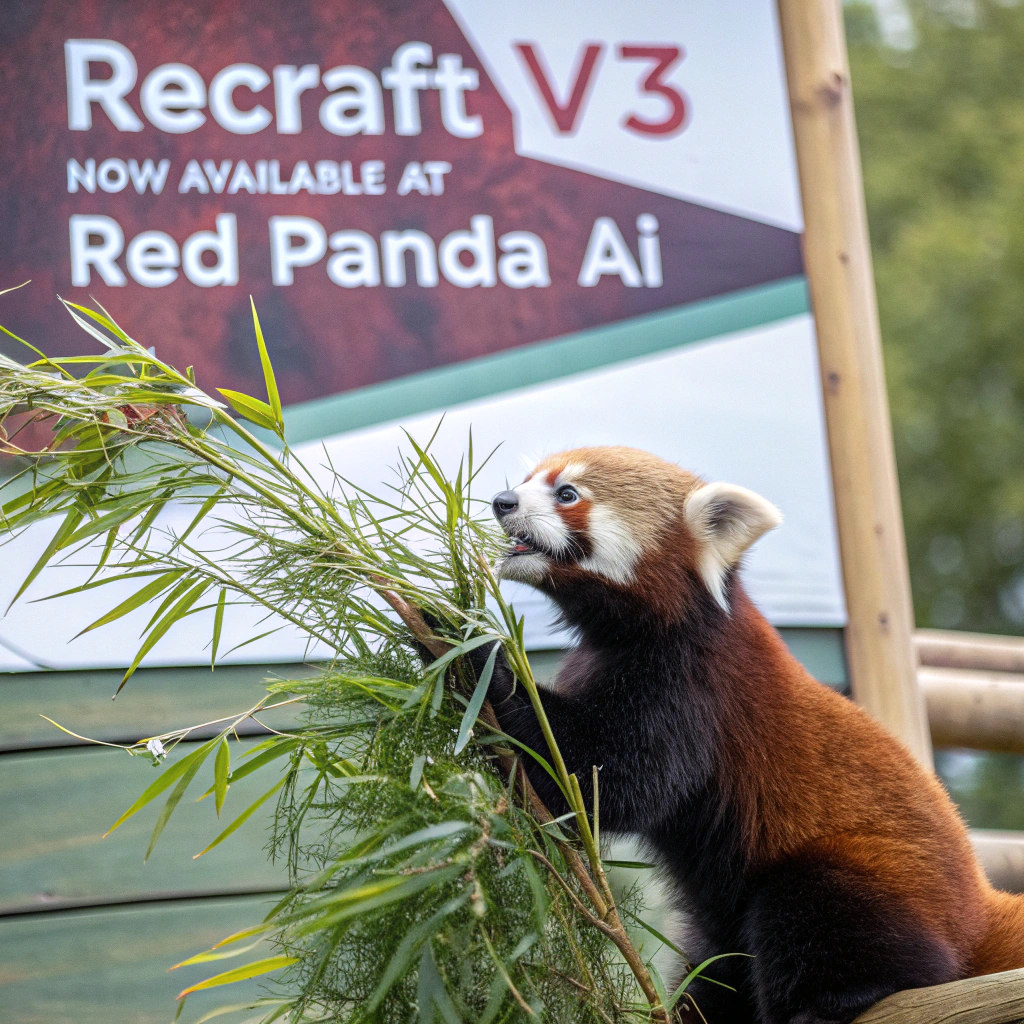 AI generated image by Red Panda AI: a red panda eating a bamboo in front of a poster that says "recraft V3 now available at red panda ai