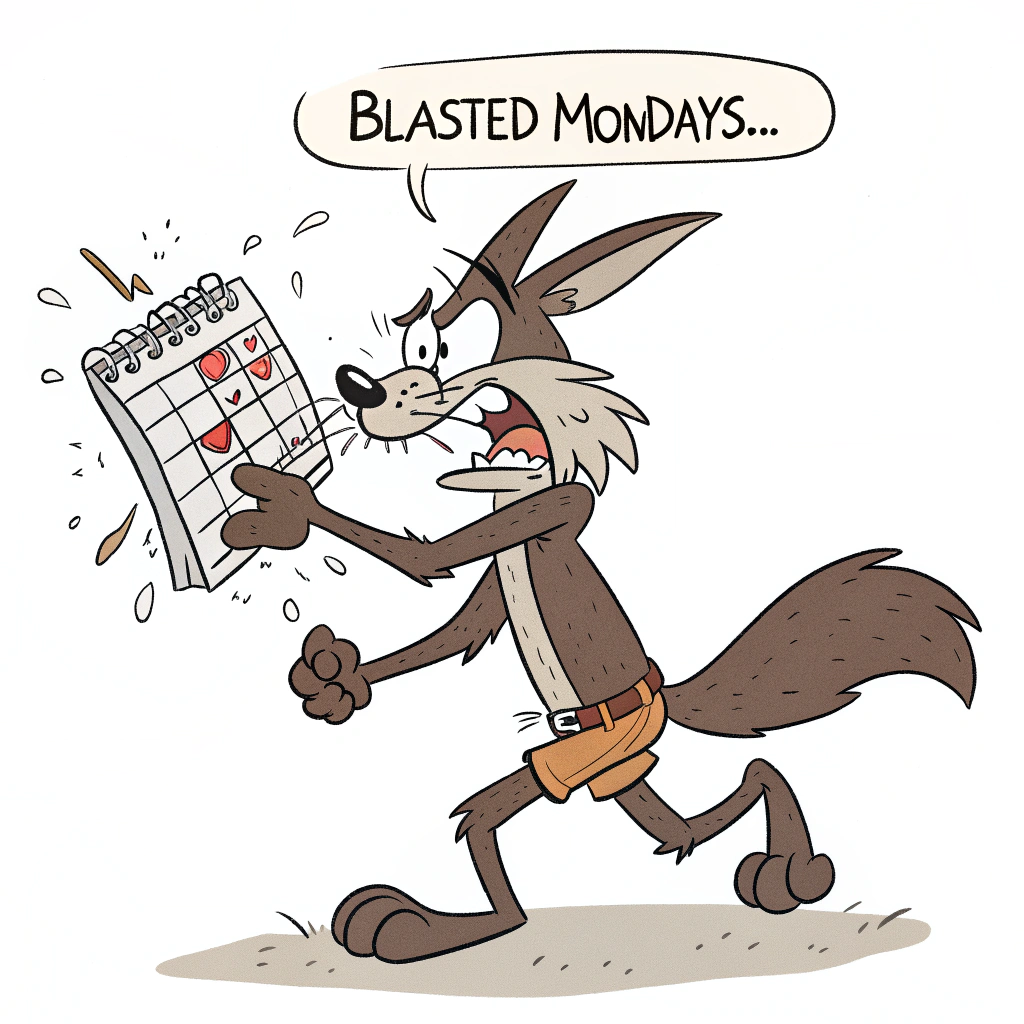AI generated image by Red Panda AI: A cartoon-style illustration of Wile E. Coyote frozen in an angry pose, holding a broken ACME calendar that exploded in his face. He’s covered in soot, teeth clenched, and one eyebrow twitching in frustration. Bits of the calendar are falling around him. His body is tense, and he’s stomping the ground with one foot. Above his head is a comic-style speech balloon that reads: "Blasted Mondays..."