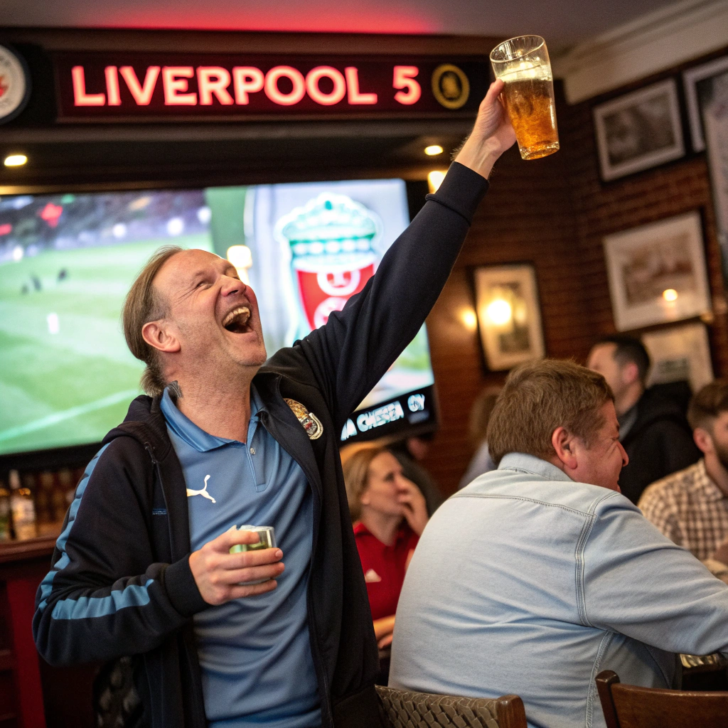 AI generated image by Red Panda AI: A manchester city supporter in an english pub laughing at a liverpool supporter because Manchester City won with 5-0