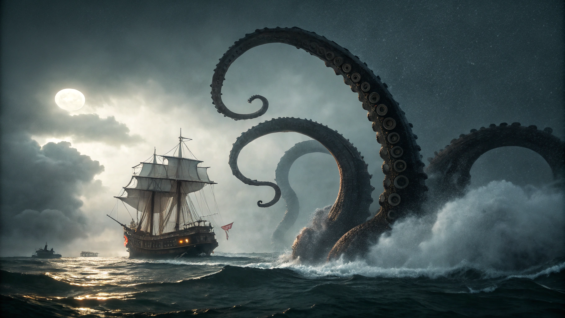 AI generated image by FLUX.1-schnell: in the background an enormous tentacled sea monster violently emerges from the dark ocean, in the middle ground a wooden sailing ship is rocked and caught in the turmoil, fog almost completely obscures all visibility making it very difficult to see what is actually happening, moonlight filtering through the clouds and fog is the only light, the mood is ominous and gritty giving the scene an intense and epic vibe