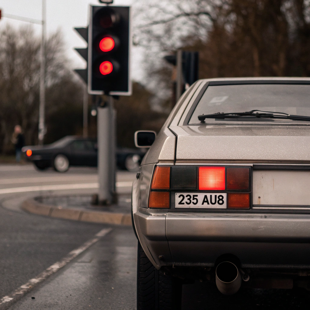 AI generated image by Red Panda AI: A car is waiting for the traffic light, and the traffic light is red, the license plate is  "235 AU8".