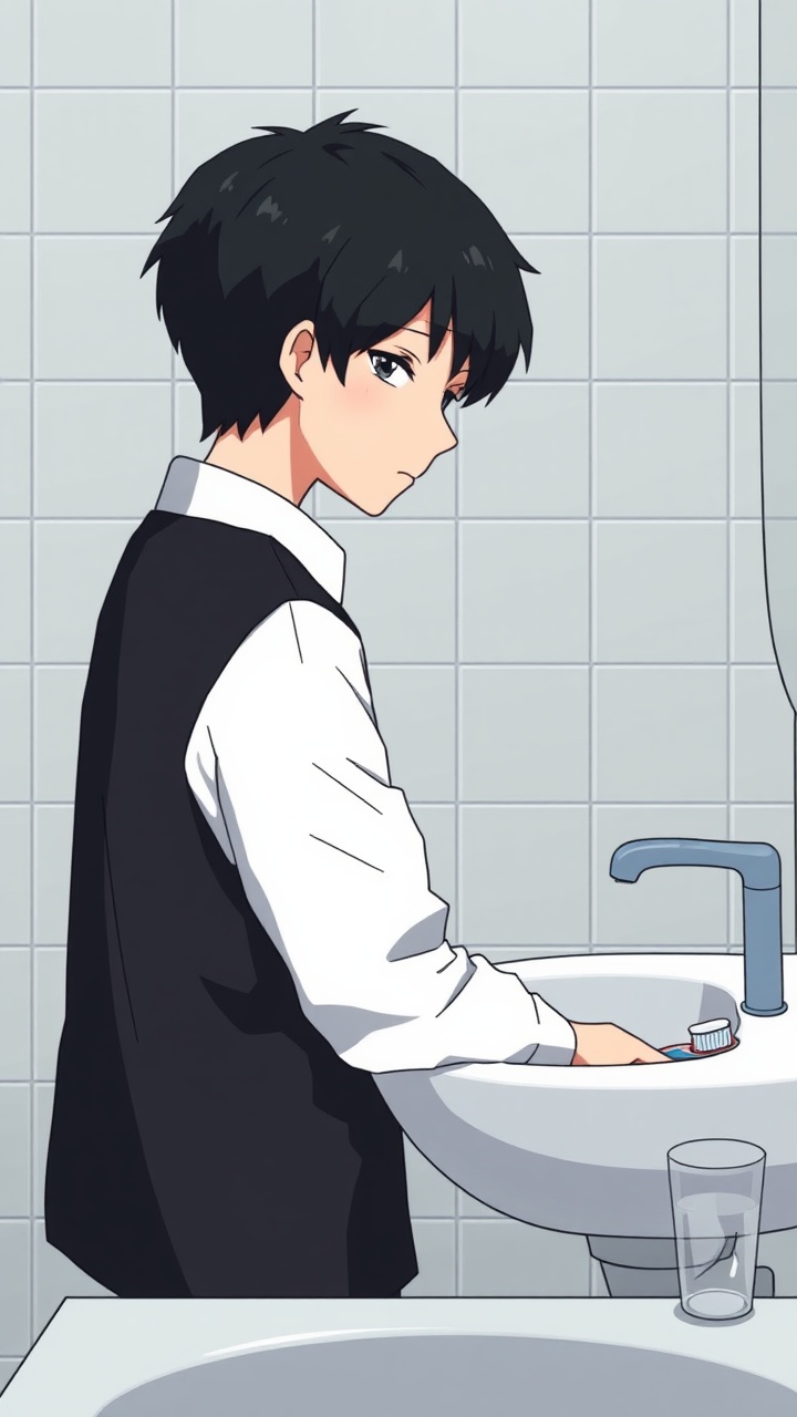 AI generated image by FLUX.1-schnell: Omocat's omori game artstyle, The image depicts a young person standing behind a bathroom sink facing them, their expression somber. Their dark hair is neatly styled, and they are dressed in a white shirt with a dark vest. The tiled walls behind them are plain and featureless, creating a sense of isolation. The only other elements in the scene are a toothbrush and a glass on the counter, suggesting a routine that the individual may find difficult to engage in. The overall mood of the image is melancholic, hinting at a sense of loneliness or sadness. The subdued colors and minimalist composition further contribute to the somber atmosphere.  The image leaves room for interpretation, inviting viewers to consider the inner thoughts and feelings of the subject.