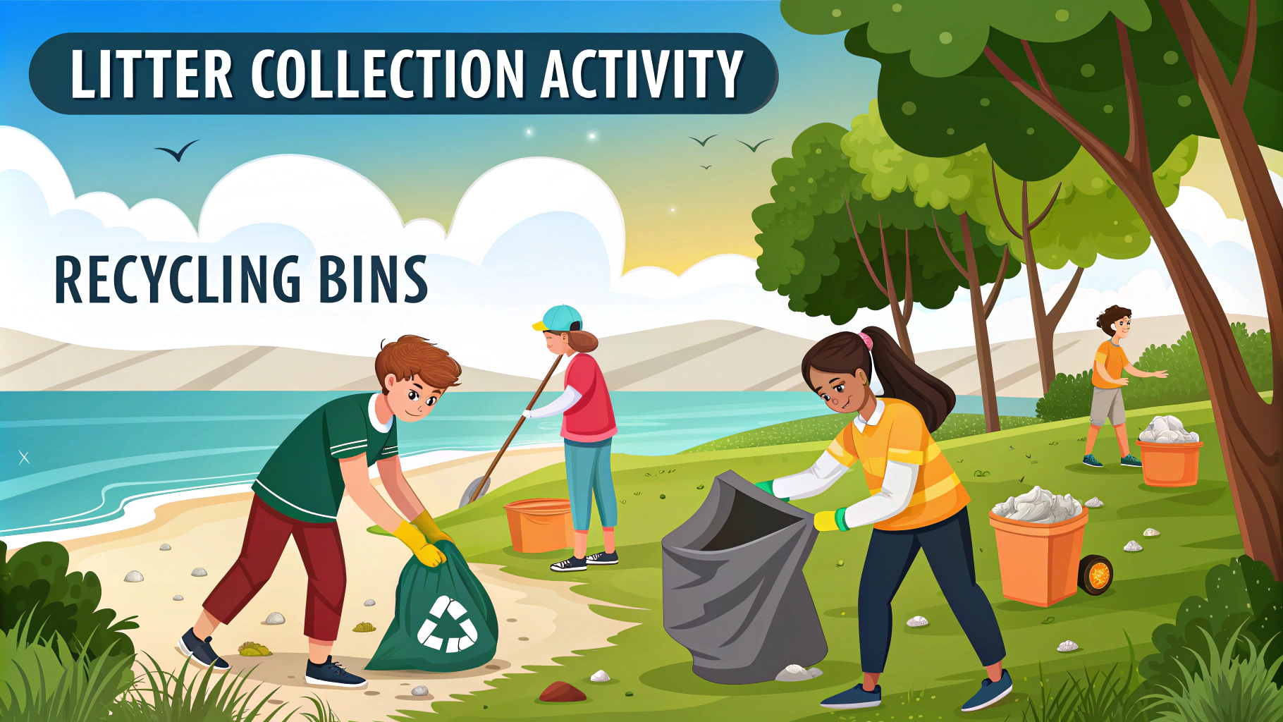 AI generated image by Red Panda AI: A vibrant and engaging scene featuring young people actively participating in a litter collection activity in a natural setting. The environment showcases a lush green forest and a clean beach under a sunny, blue sky. The group, dressed in casual and colorful outfits, uses gloves, reusable bags, and tools like grabbers to pick up litter. Recycling bins and small piles of trash are visible in the background, emphasizing the environmental theme. The composition includes dynamic, positive energy, playful typography for slogans, and modern design elements that resonate with youth culture. The image should be inspiring and focus on teamwork, fun, and protecting nature
