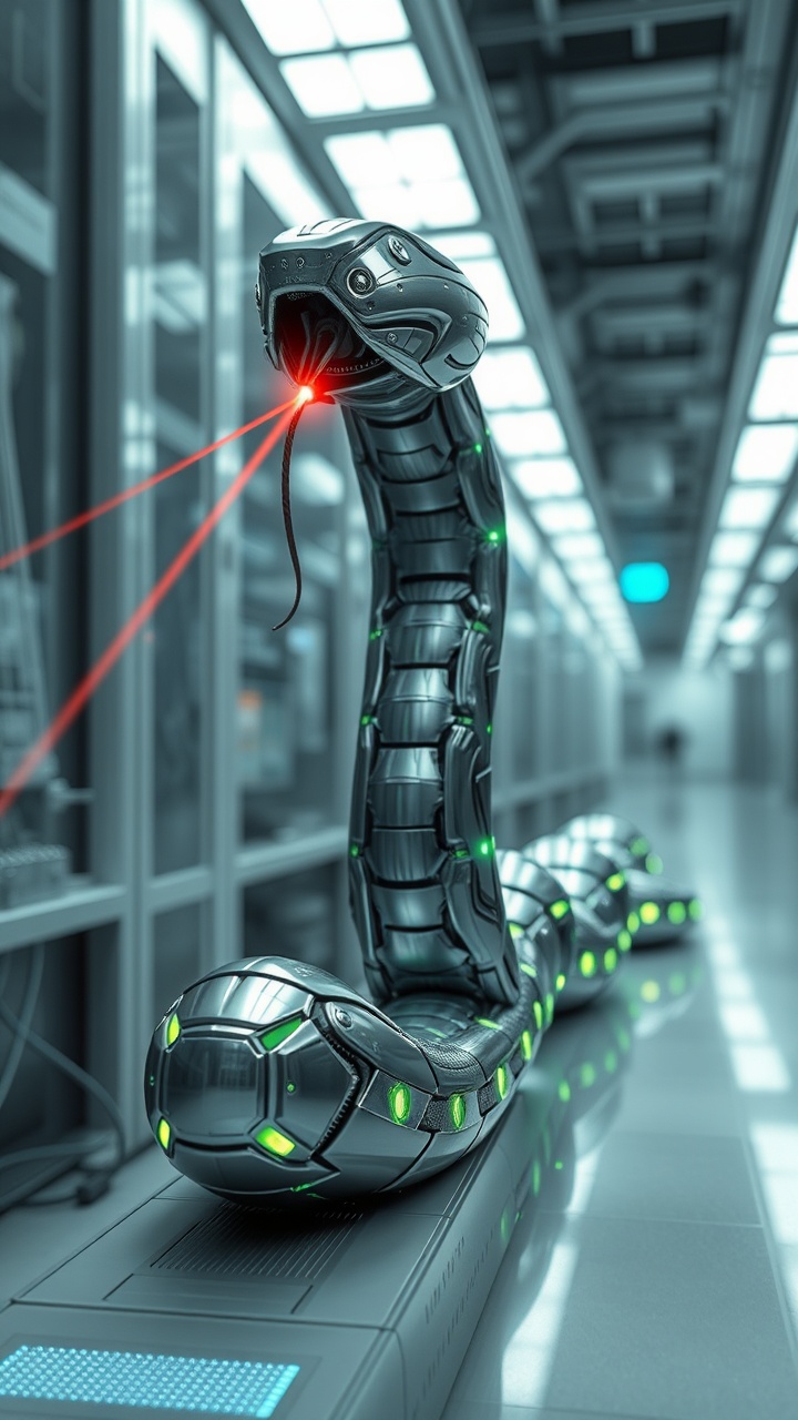AI generated image by FLUX.1-schnell: sophisticated robotic serpent, its segmented body of polished alloys and glowing bio-luminescent wires, smoothly slithering along a high-tech data conduit in a sterile research lab, its head slightly raised, a laser pointer emitting from its 'tongue'. Futuristic, precision engineering."