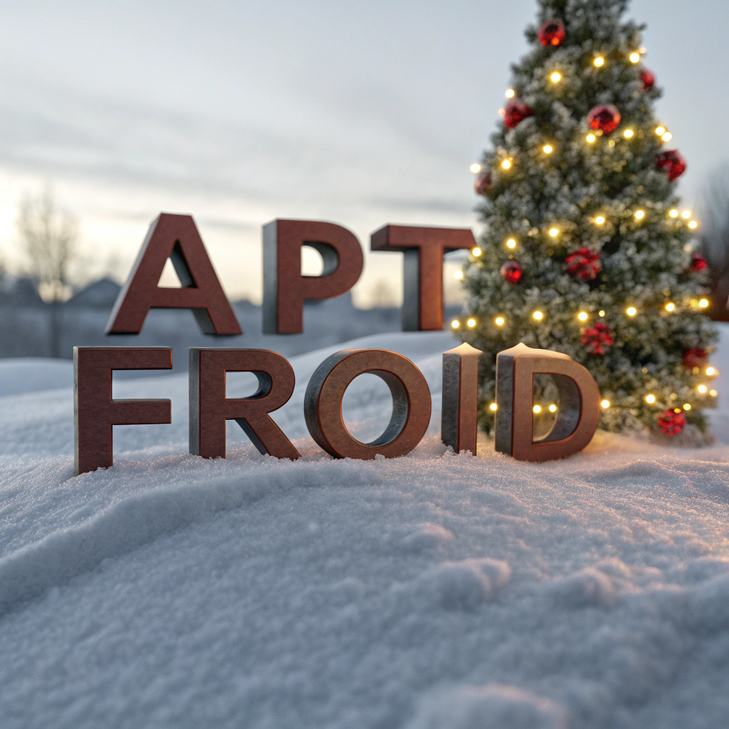 AI generated image by Red Panda AI: l'écriture APT FROID en 3D posé dans la neige, avec un sapin de noël à l'arrière