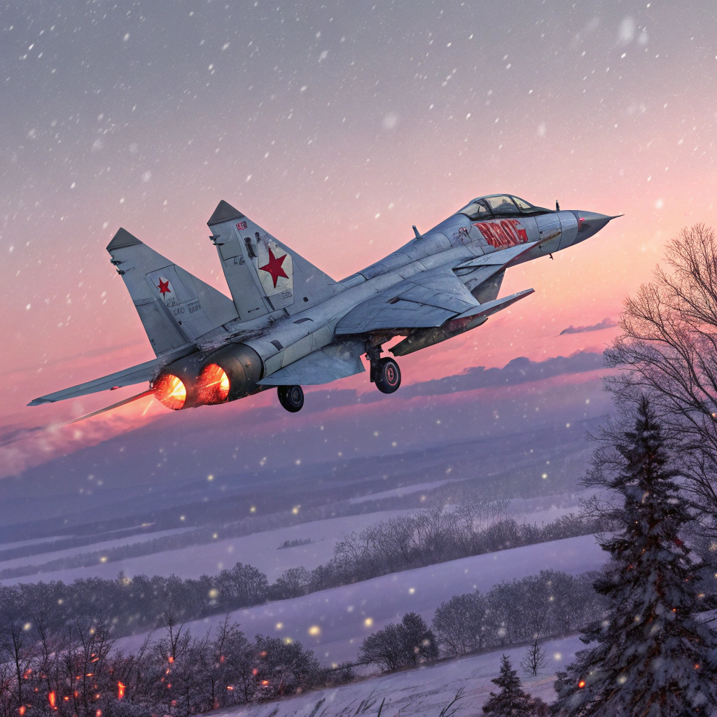 AI generated image by Red Panda AI: flying mig-29 in polish air force colours against the background of the setting sky with winter accents