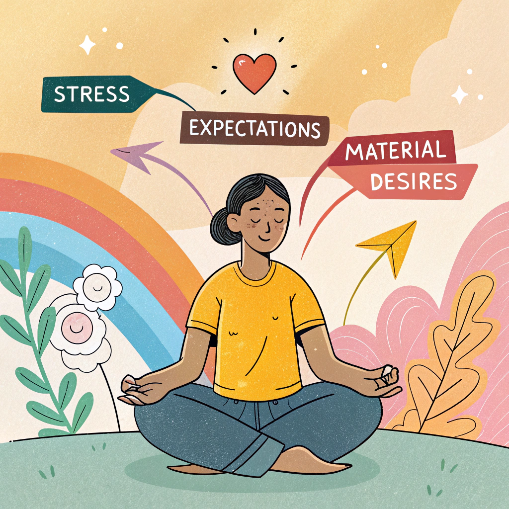 AI generated image by Red Panda AI: A vibrant, cartoonish image of a person meditating peacefully amidst a chaotic but colorful world. Arrows labeled "stress," "expectations," and "material desires" bounce harmlessly off a shield around the person. A small, glowing heart emanates from the person.