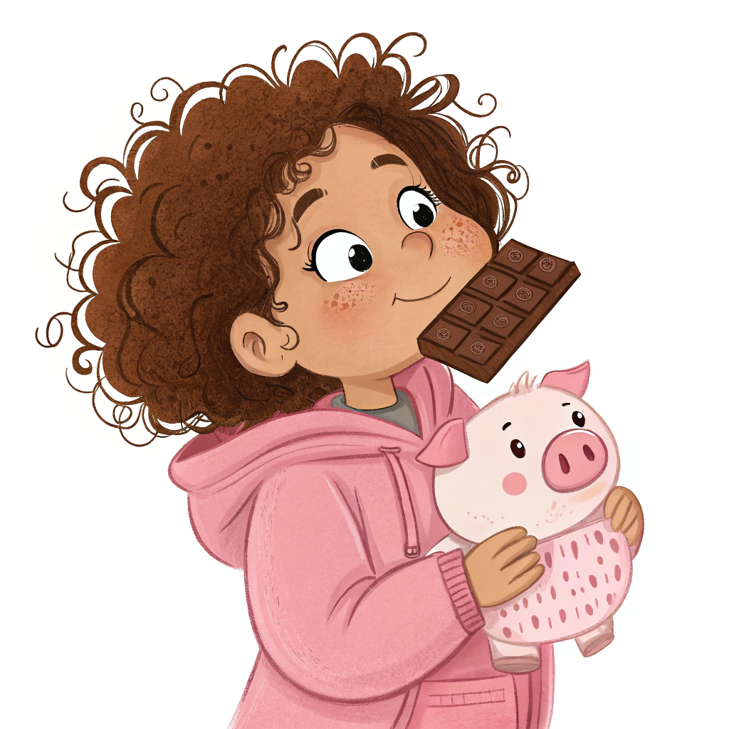 AI generated image by Red Panda AI: cree une image d une petite fille malicieuse brune aux cheveux tres bouclés avec un jogging de l om rose une peluche cochon dans les bras et du chocolat autour de la bouche 