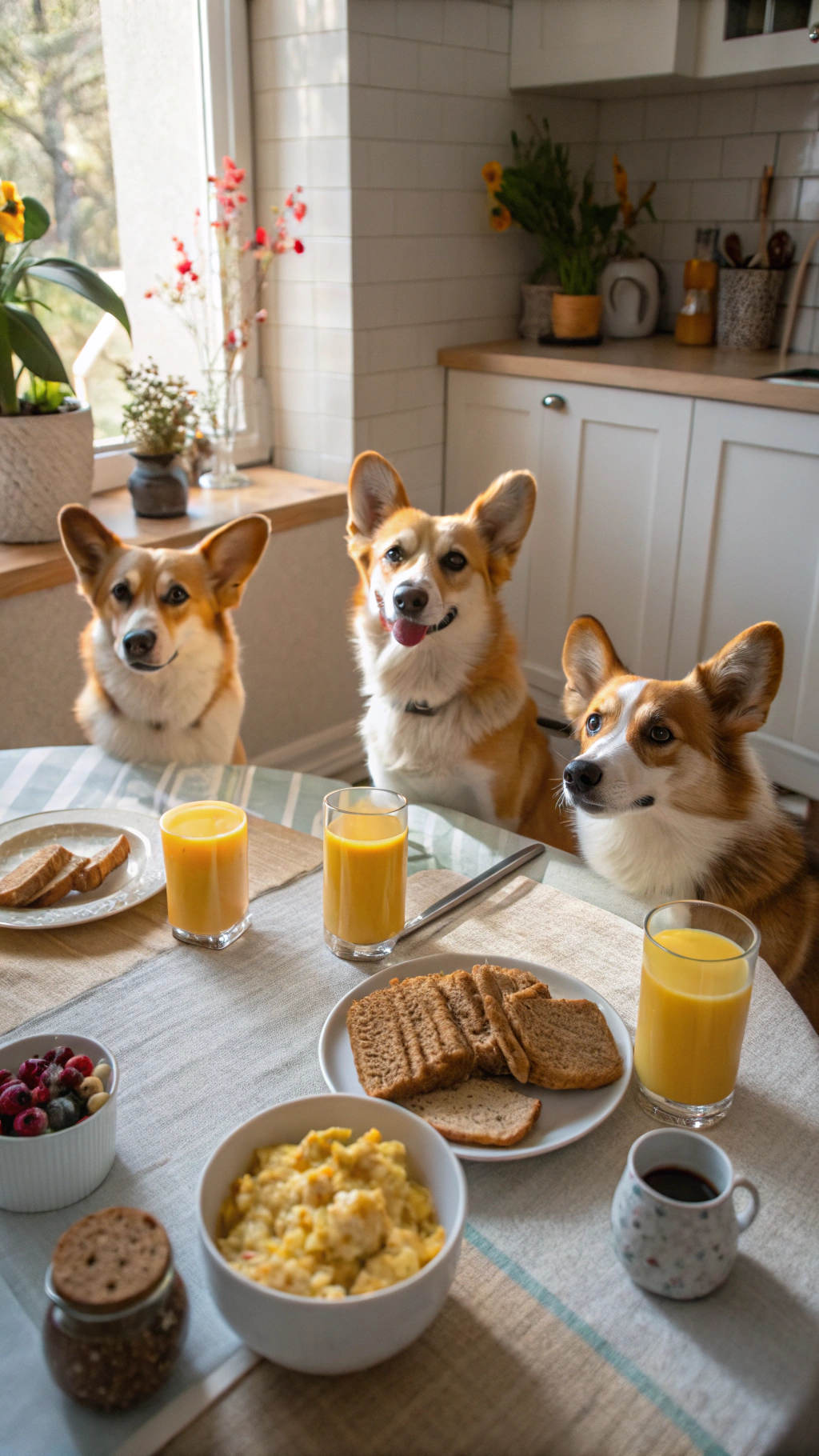 AI generated image by Red Panda AI: real life wide angle video of a family of 4 corgis seated around a dining table eating breakfast with scrambled eggs, orange juice, cereal and toast 
