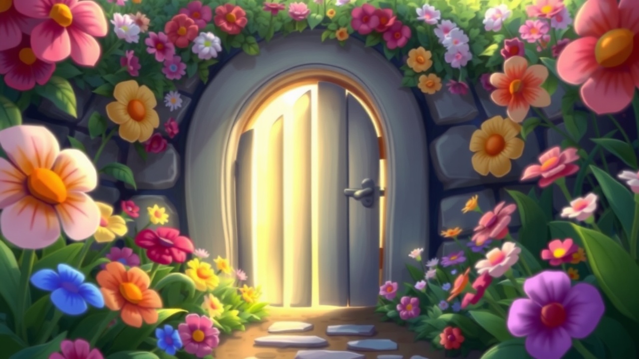 AI generated image by FLUX.1-schnell: A charming, cartoon-style hidden garden gate surrounded by colorful flowers and soft, glowing light peeking through the gate.