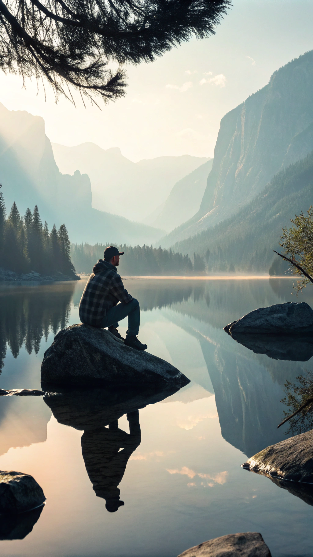 AI generated image by Red Panda AI: A lone man sitting on a rock by a calm, mirror-like lake surrounded by tall mountains, the reflection emphasizing peace and inner strength. The image is vertical, highlighting the man and the vastness of nature, with soft sunlight and serene tones.