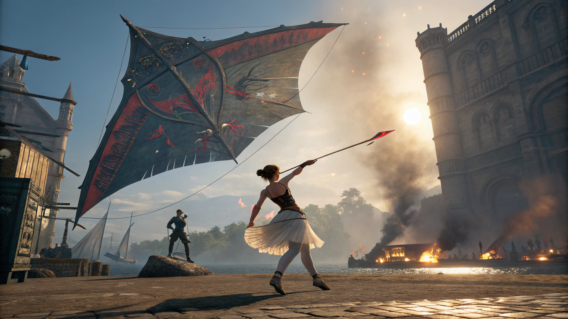 AI generated image by Red Panda AI: A screeshot from the videogame: third-person scene, epic battle of a ballerina with a rapier in her hands and a huge evil kite against her, artwork by Alberto Mielgo