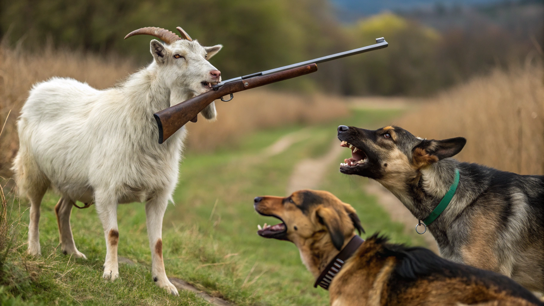 AI generated image by Red Panda AI: a goat with a shotgun stands guarding against two dogs