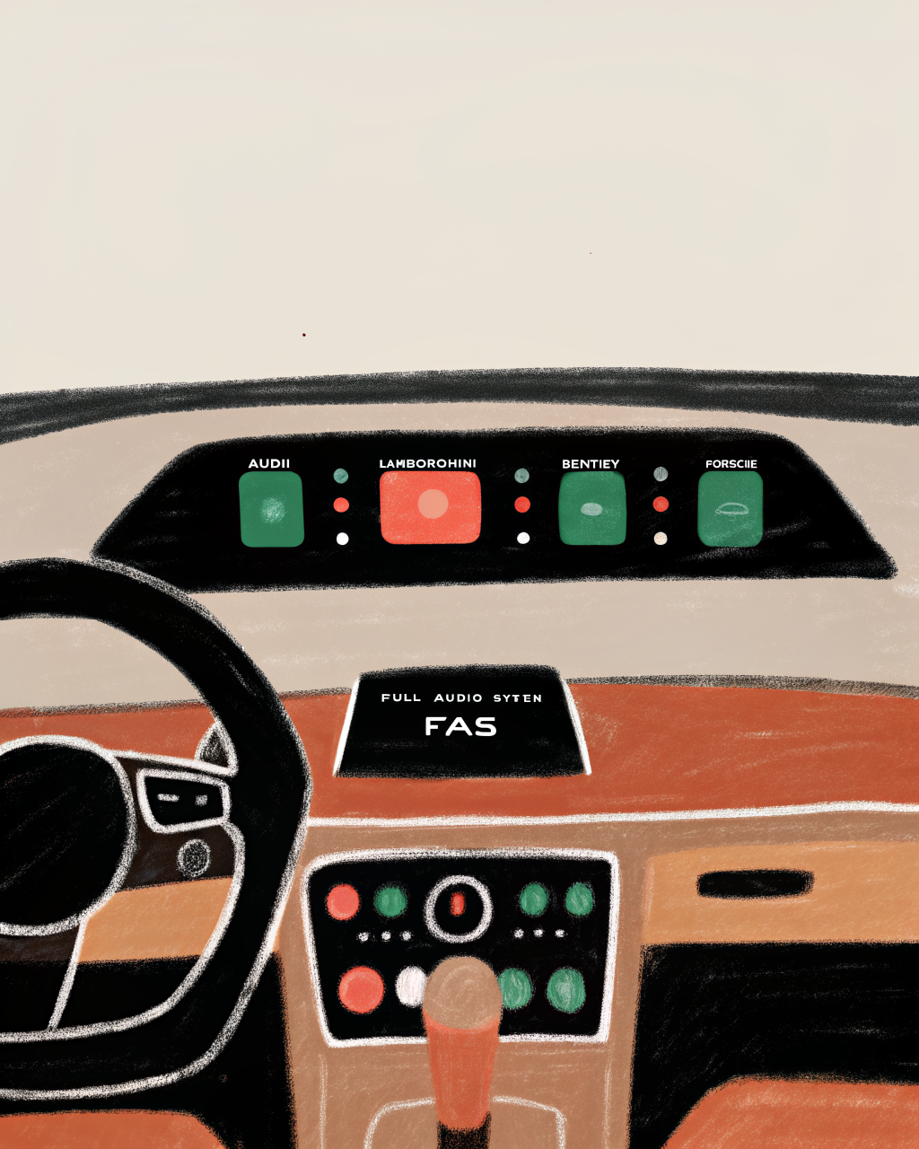 AI generated image by Red Panda AI: Draw an Audi / Lambo / Bentley / Porsche combined cockpit with fokus to MMI. display buttons for profile changes of FAS functions
