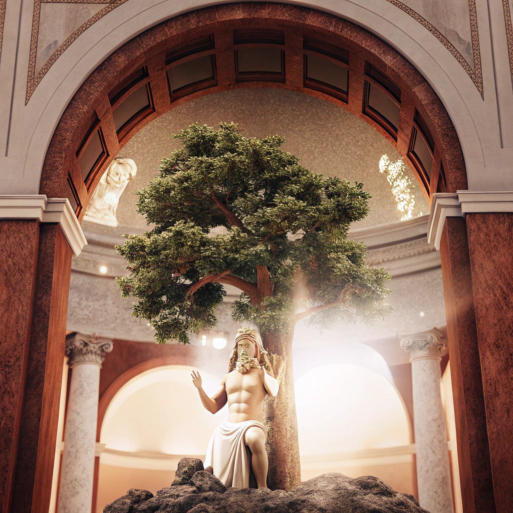 AI generated image by Red Panda AI: un arbol roble con la imagen de zeus