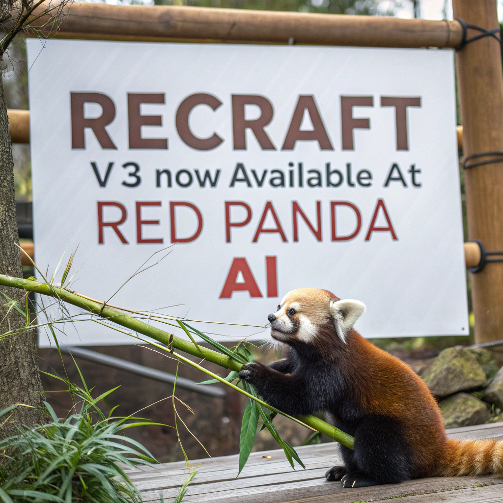 AI generated image by Red Panda AI: a red panda eating a bamboo in front of a poster that says "recraft V3 now available at red panda ai